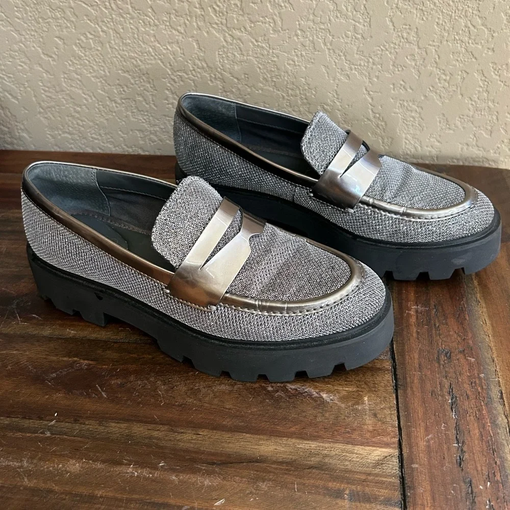 Franco Sarto Bazel Platform Lug Sole Loafers Size 6.5 – Metallic Knit‎ Slip-On